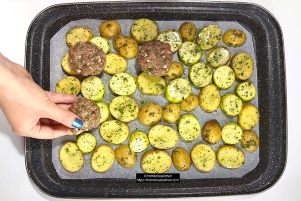 Assembling the sheet pan meatballs