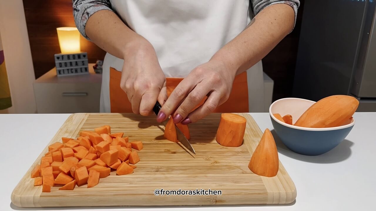 Chopping sweet potato - From Dora's Kitchen