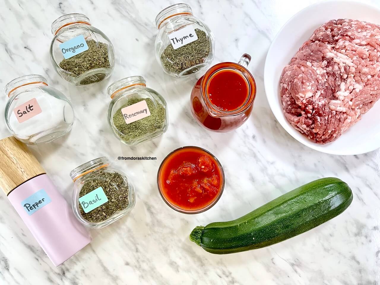 Ingredients for No onion No garlic Zoodles with Bolognese Sauce From Dora's Kitchen